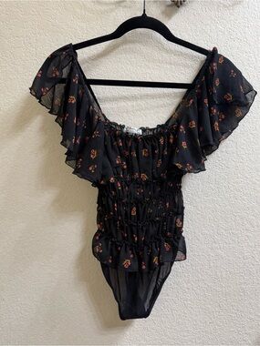Free People Black Juliet Print Ruffle Off-Shoulder Smocked Bodysuit